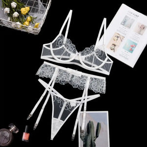 Floral Embroidery Push Up Bra& Panty Set - white / L