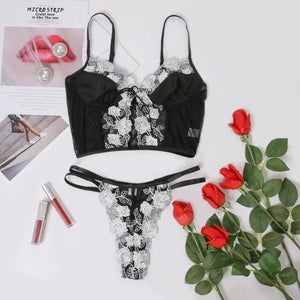 Floral Embroidery Transparent Wire Free Bra & Thong Set