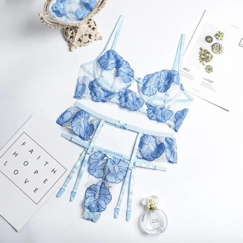 Floral Embroidery Under Wire Bra and Panty Set - Blue / S