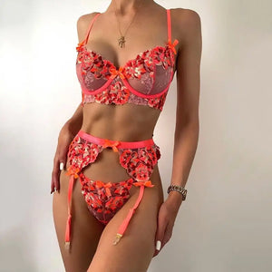 Floral Embroidery Underwire Bra & Thong Lingerie Set
