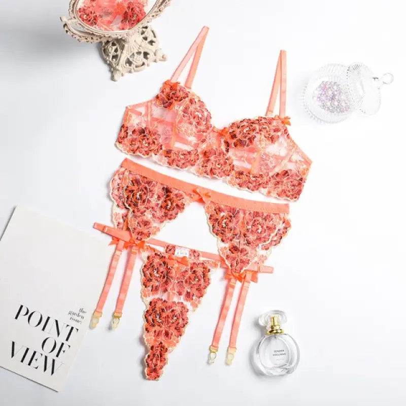 Floral Embroidery Underwire Bra & Thong Lingerie Set