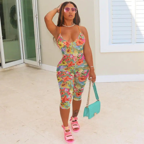 Floral Hawaiian Print Mesh Halter Bodycon Jumpsuit - S