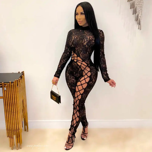 Floral Lace Up See Though Overall Bodycon Jumpsuit