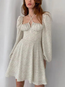 Floral Lantern Square Neck Mini Dress - Mint / L
