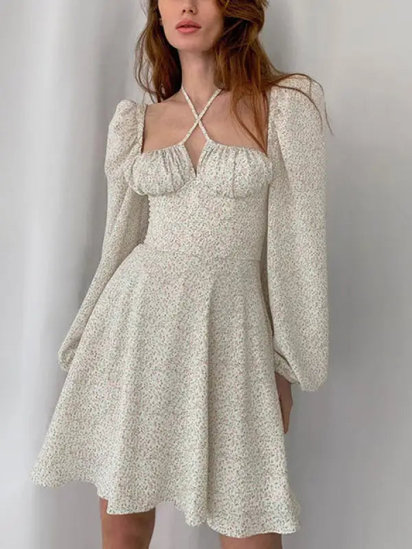 Floral Lantern Square Neck Mini Dress - Mint / L