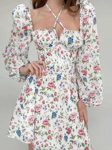 Floral Lantern Square Neck Mini Dress - Rose / L