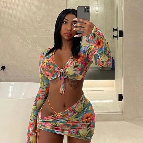 Floral Printed Mesh Sexy Top and Skirts Set