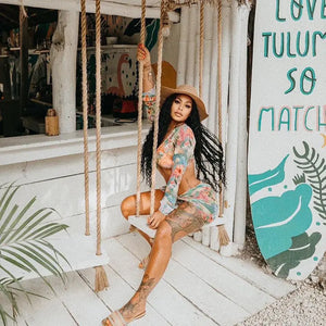 Floral Printed Mesh Sexy Top and Skirts Set