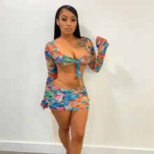 Load image into Gallery viewer, Floral Printed Mesh Sexy Top and Skirts Set - Rose Red / M