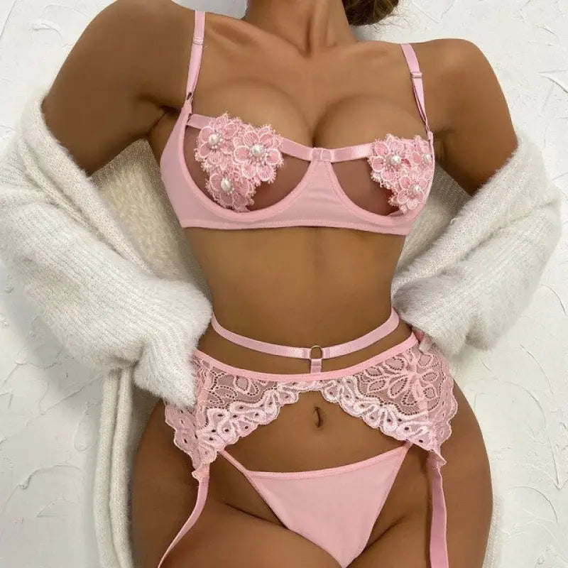 Floral Transparent Lace Lingerie Set - Pink / L