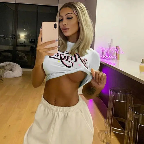 Front Print Short Sleeve Crop Top