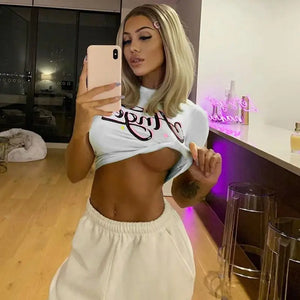 Front Print Short Sleeve Crop Top