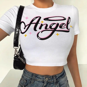 Front Print Short Sleeve Crop Top