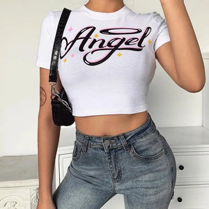 Front Print Short Sleeve Crop Top