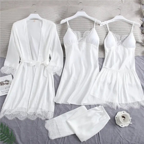 Full Slip Lace Silk Kimono 5PC Pajama Set