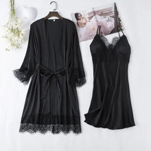 Load image into Gallery viewer, Full Slip Lace Silk Kimono 5PC Pajama Set - Black C / XXL