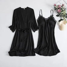 Load image into Gallery viewer, Full Slip Lace Silk Kimono 5PC Pajama Set - Black D / XXL