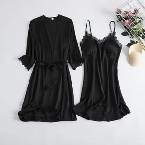 Full Slip Lace Silk Kimono 5PC Pajama Set - Black D / XXL