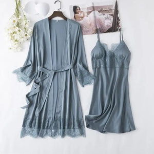 Full Slip Lace Silk Kimono 5PC Pajama Set - Blue C / XXL