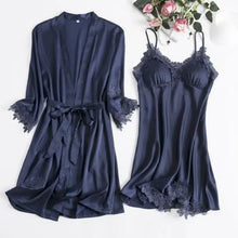 Load image into Gallery viewer, Full Slip Lace Silk Kimono 5PC Pajama Set - Blue D / XXL