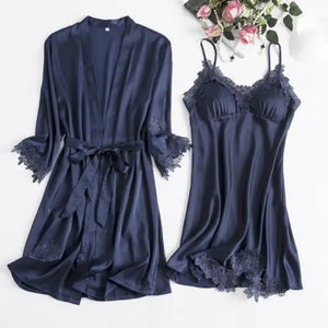Full Slip Lace Silk Kimono 5PC Pajama Set - Blue D / XXL