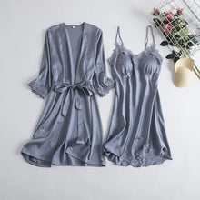 Load image into Gallery viewer, Full Slip Lace Silk Kimono 5PC Pajama Set - Gray D / XXL