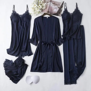 Full Slip Lace Silk Kimono 5PC Pajama Set - Navy Blue B