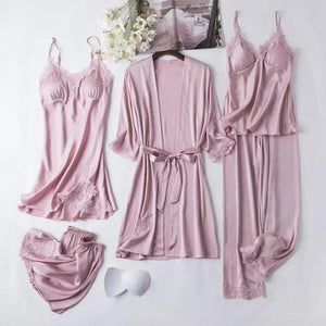 Full Slip Lace Silk Kimono 5PC Pajama Set - Pink B / XXL