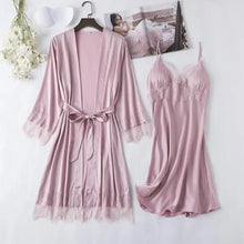 Load image into Gallery viewer, Full Slip Lace Silk Kimono 5PC Pajama Set - Pink C / XXL