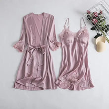 Load image into Gallery viewer, Full Slip Lace Silk Kimono 5PC Pajama Set - Pink D / XXL