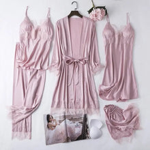Load image into Gallery viewer, Full Slip Lace Silk Kimono 5PC Pajama Set - Pink A / XXL