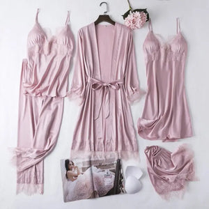 Full Slip Lace Silk Kimono 5PC Pajama Set - Pink A / XXL