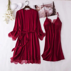 Full Slip Lace Silk Kimono 5PC Pajama Set - Red C / XXL