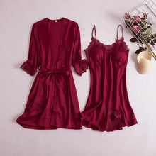 Load image into Gallery viewer, Full Slip Lace Silk Kimono 5PC Pajama Set - Red D / XXL