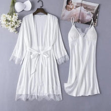 Load image into Gallery viewer, Full Slip Lace Silk Kimono 5PC Pajama Set - White C / XXL