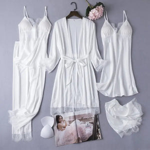 Full Slip Lace Silk Kimono 5PC Pajama Set - White A / XXL