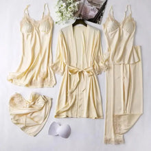 Load image into Gallery viewer, Full Slip Lace Silk Kimono 5PC Pajama Set - Yellow B / XXL