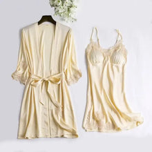 Load image into Gallery viewer, Full Slip Lace Silk Kimono 5PC Pajama Set - Yellow D / XXL