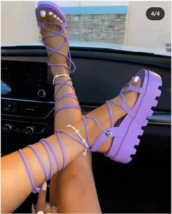 Gladiator Platform Ankle Wrap Wedge Lace Up Shoe - Purple