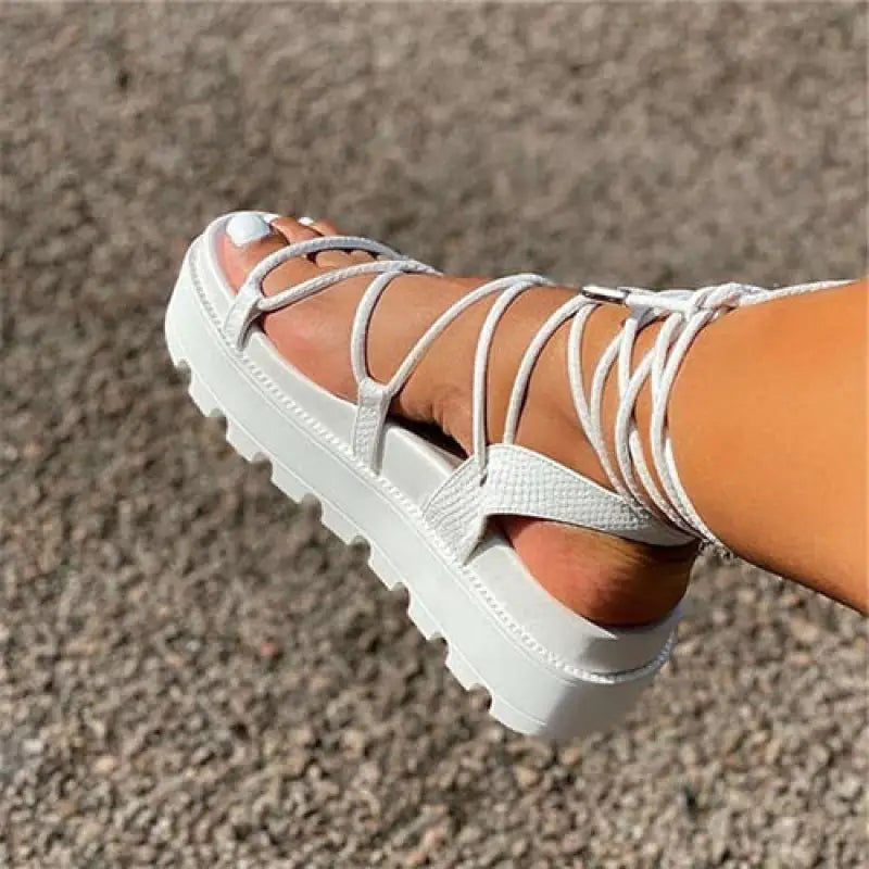 Gladiator Platform Ankle Wrap Wedge Lace Up Shoe - white