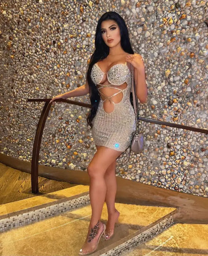 Glamour Crystal Rhinestone Hollow Out Mini Dress - Apricot