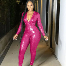 Load image into Gallery viewer, Glitter Bodycon One Piece Jumpsuit - Fuchsia / L
