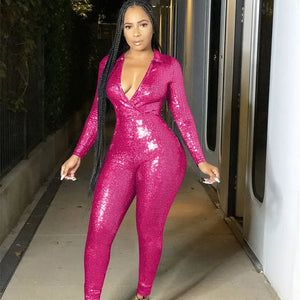 Glitter Bodycon One Piece Jumpsuit - Fuchsia / L