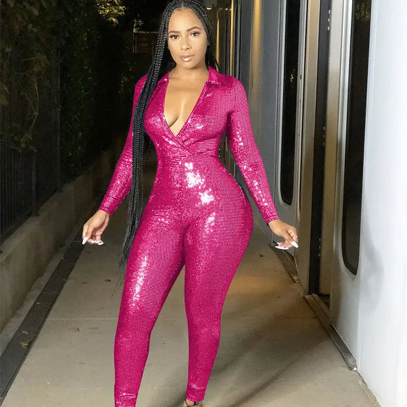 Glitter Bodycon One Piece Jumpsuit - Fuchsia / L