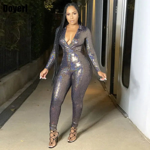 Glitter Bodycon One Piece Jumpsuit - Silver / L
