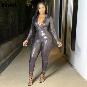 Glitter Bodycon One Piece Jumpsuit - Silver / L