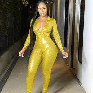 Glitter Bodycon One Piece Jumpsuit - Yellow / L