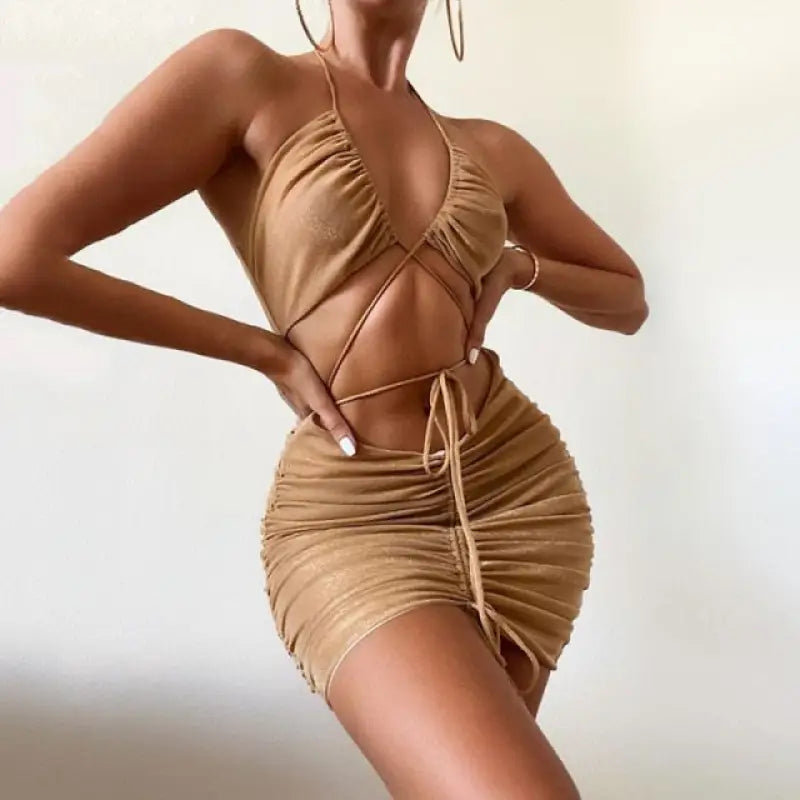 Glitter Drawstring Ruched Halter Mini Dress - khkai / S