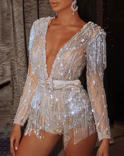 Glitter Sequin Long Sleeve V Neck Bodycon Romper - Light