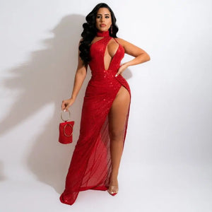 Glitter Sexy Sequin Elegant Evening Maxi Dress - Red / XXL